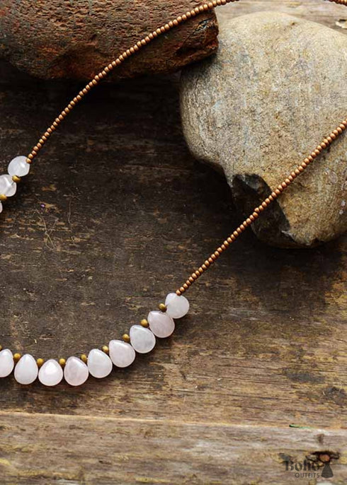 Boho Necklace, Blue Amazonite, Seed Beads Rose Quartz